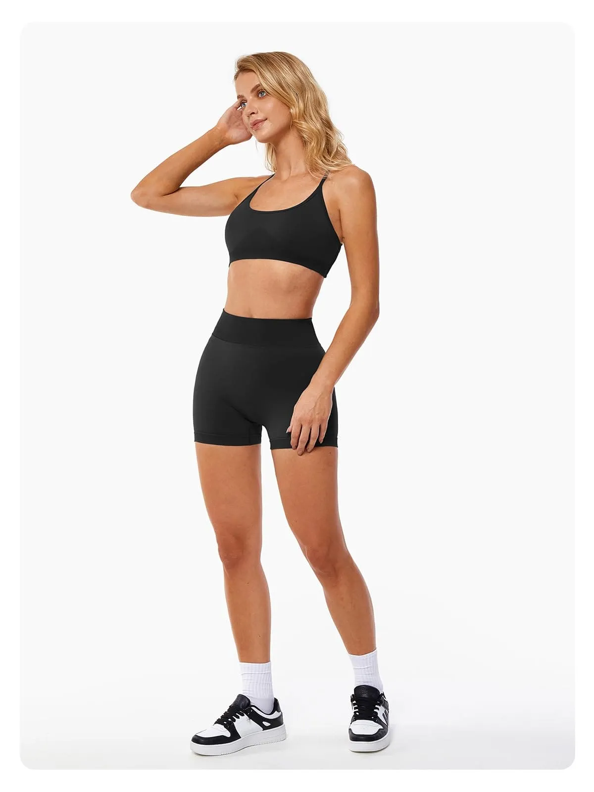 ABOCIW Workout Sets for Women Seamless V Back Scrunch Butt Lifting High Waist Biker Shorts Cross Back Sports Bra 2 Piece Yoga Gym Sets Black