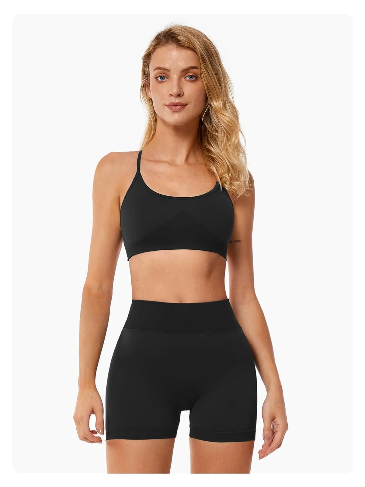 ABOCIW Workout Sets for Women Seamless V Back Scrunch Butt Lifting High Waist Biker Shorts Cross Back Sports Bra 2 Piece Yoga Gym Sets Black