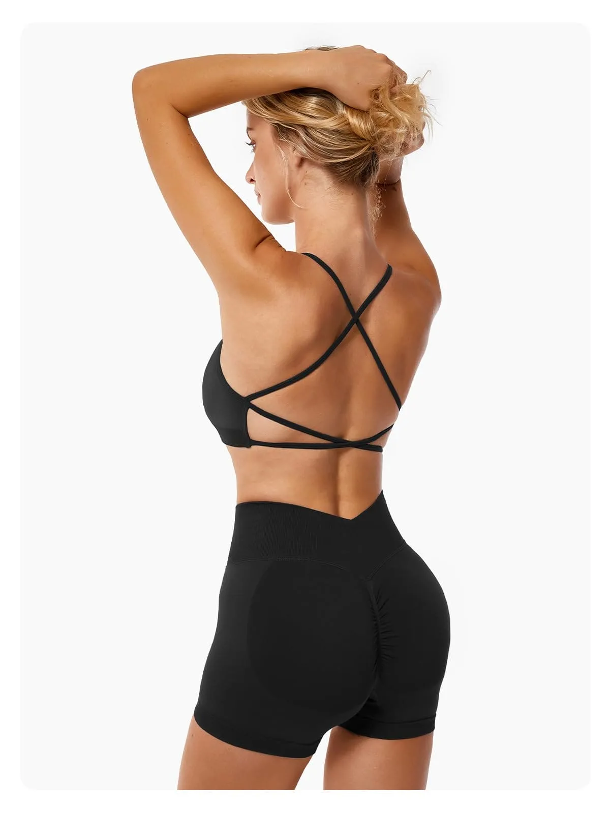 ABOCIW Workout Sets for Women Seamless V Back Scrunch Butt Lifting High Waist Biker Shorts Cross Back Sports Bra 2 Piece Yoga Gym Sets Black
