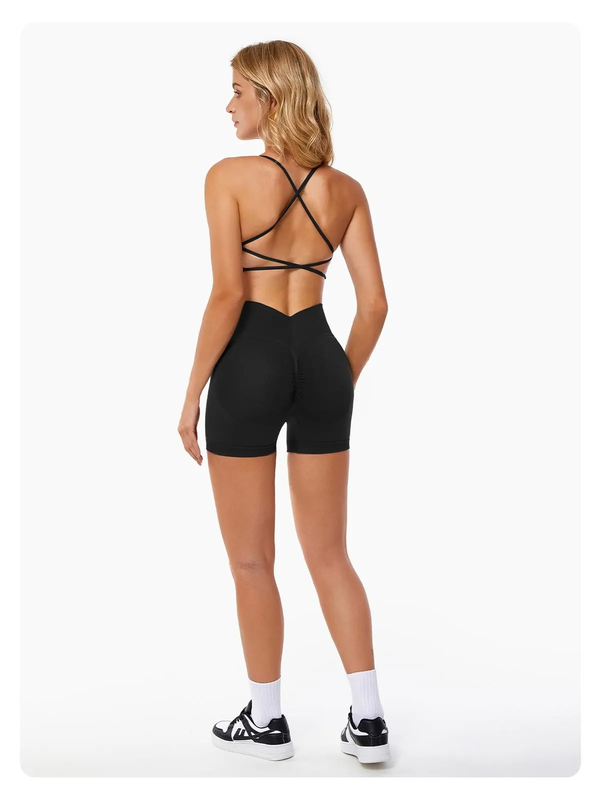 ABOCIW Workout Sets for Women Seamless V Back Scrunch Butt Lifting High Waist Biker Shorts Cross Back Sports Bra 2 Piece Yoga Gym Sets Black