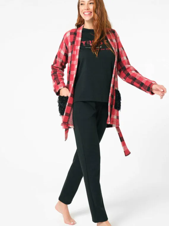 Anil Women’s Plaid Side Pockets Gown Chest Print Long Sleeve Sweatshirt Pants 3 Pieces Set