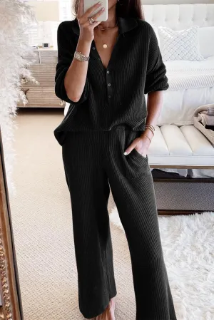 Black Brown Ribbed Knit Collared Henley Top and Pants Lounge Outfit