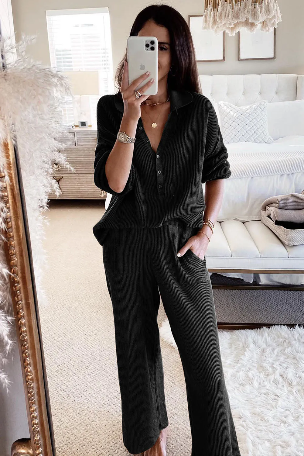 Black Brown Ribbed Knit Collared Henley Top and Pants Lounge Outfit