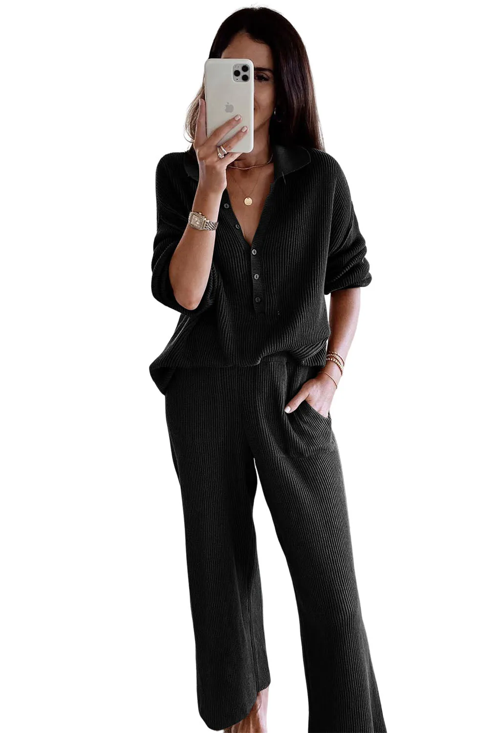 Black Brown Ribbed Knit Collared Henley Top and Pants Lounge Outfit