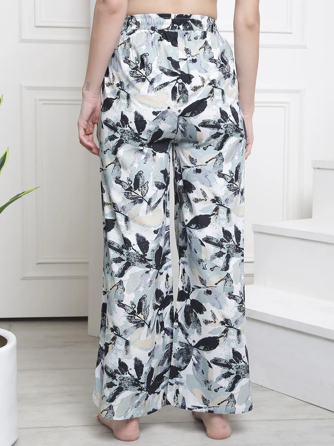 Black Color Tropical Printed Cotton Flared Lounge Pants