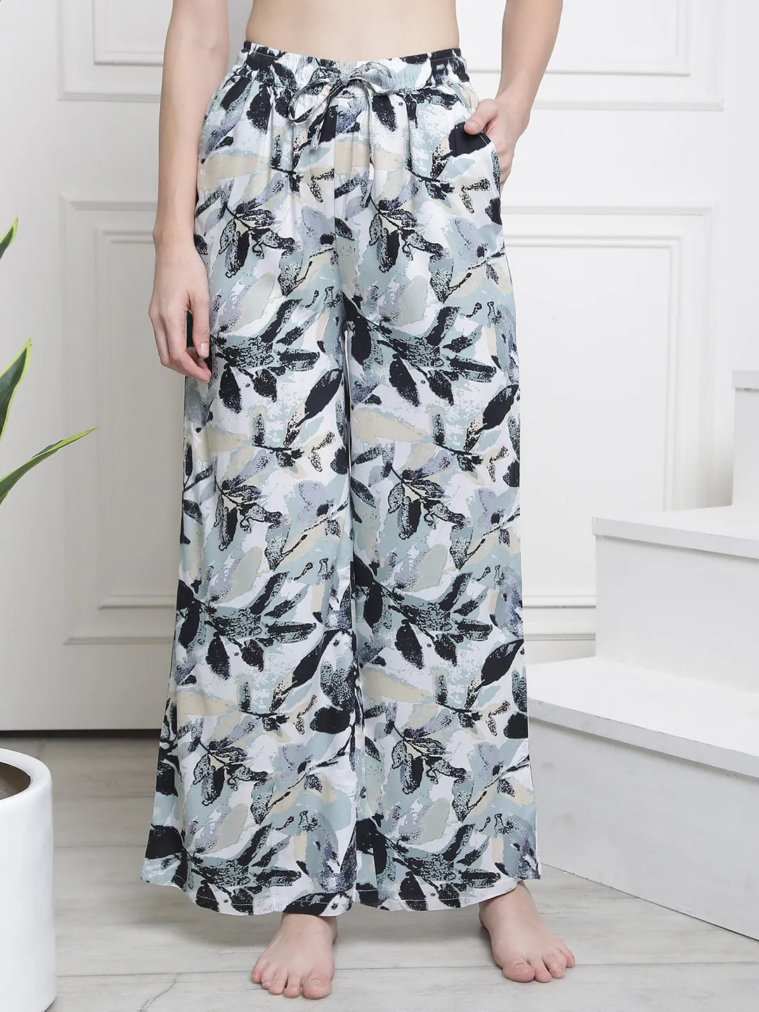 Black Color Tropical Printed Cotton Flared Lounge Pants