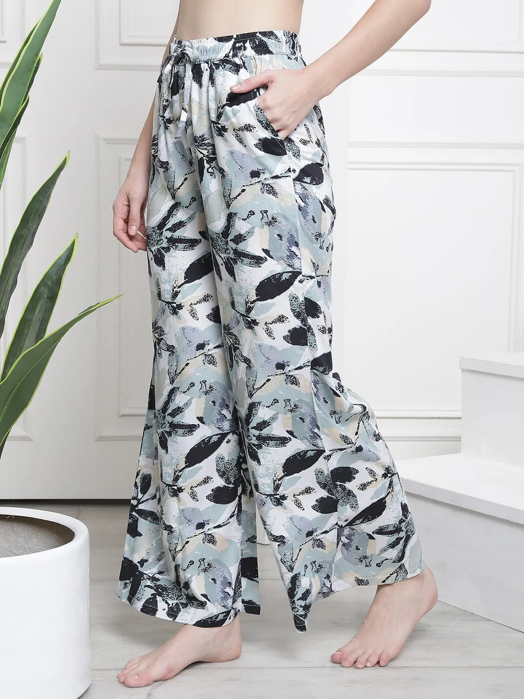 Black Color Tropical Printed Cotton Flared Lounge Pants