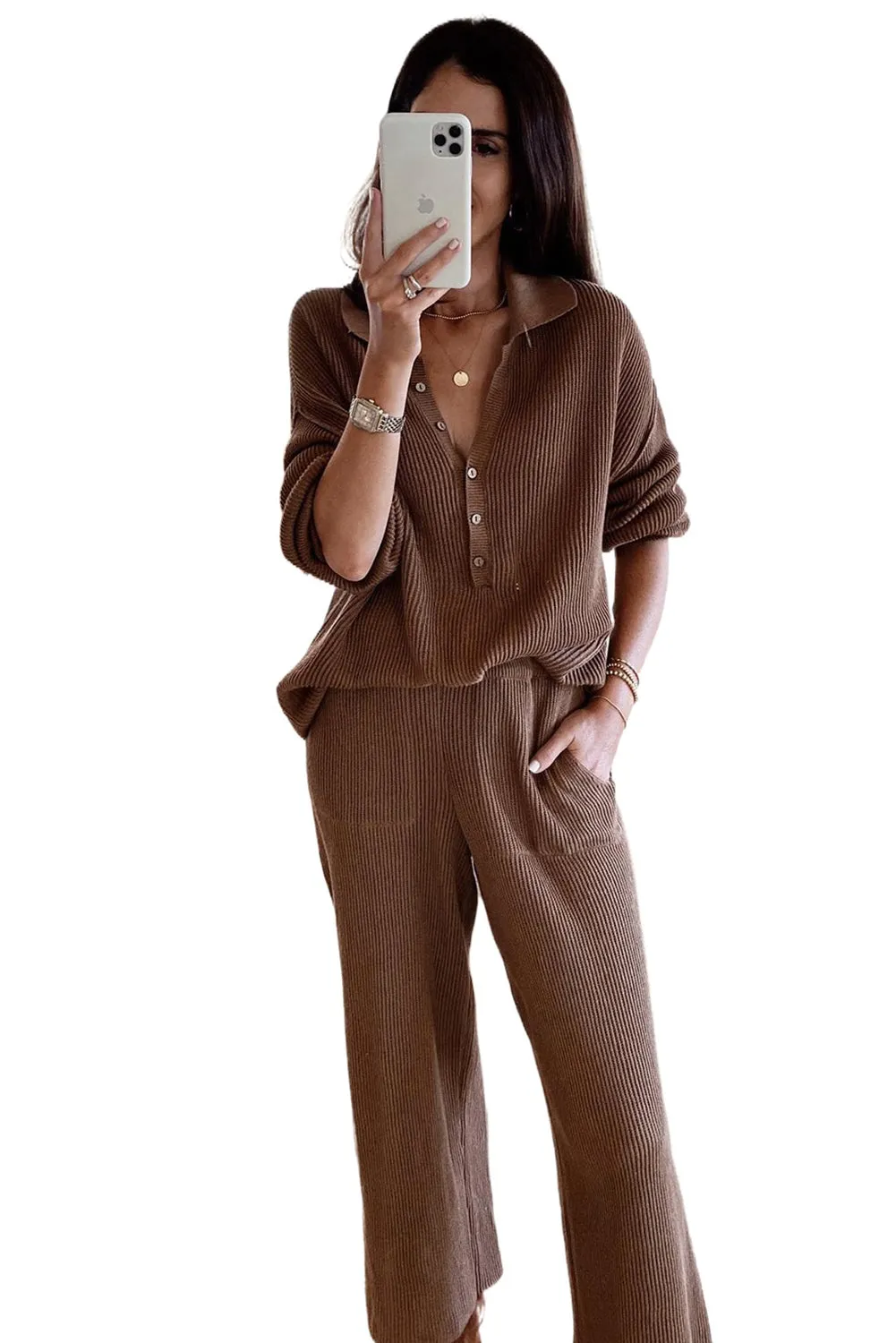 Brown Ribbed Long Sleeve Buttoned Shirt and Pants Lounge Set
