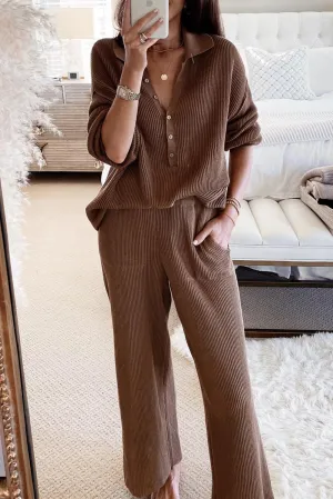 Brown Ribbed Long Sleeve Buttoned Shirt and Pants Lounge Set
