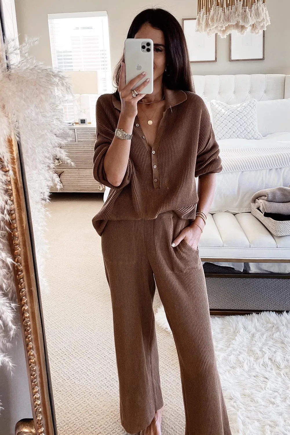 Brown Ribbed Long Sleeve Buttoned Shirt and Pants Lounge Set
