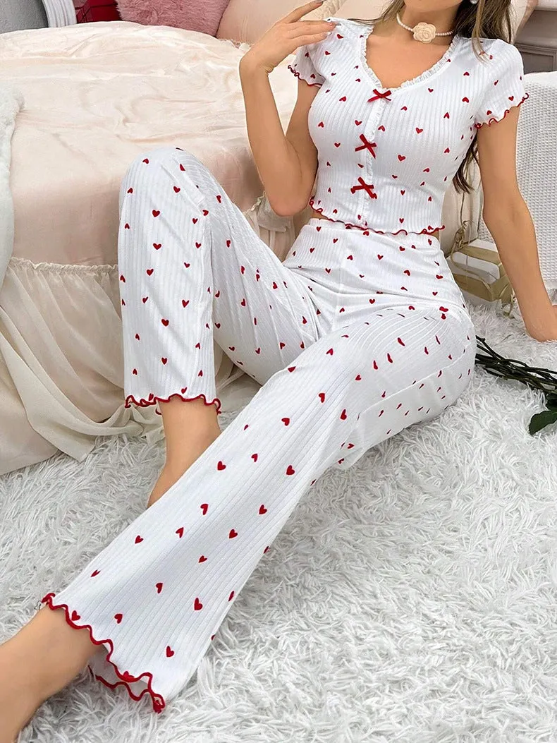 Charming Cherry Print Ribbed Pajama Two-Piece Set