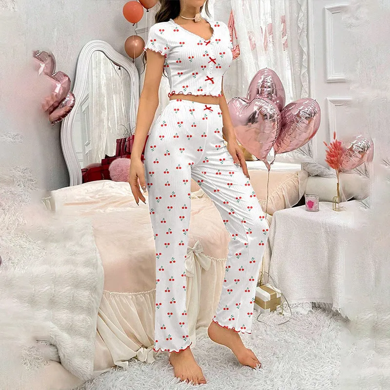 Charming Cherry Print Ribbed Pajama Two-Piece Set