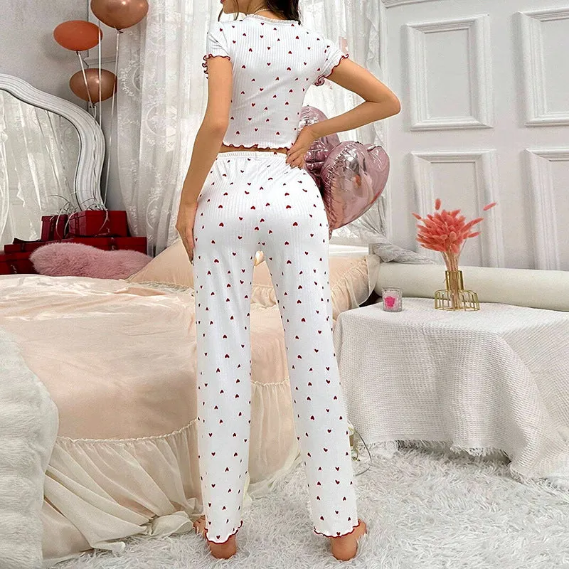 Charming Cherry Print Ribbed Pajama Two-Piece Set