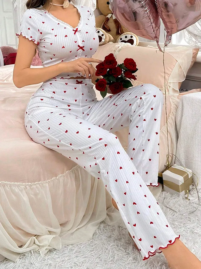 Charming Cherry Print Ribbed Pajama Two-Piece Set