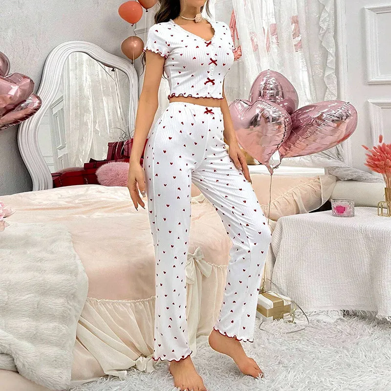 Charming Cherry Print Ribbed Pajama Two-Piece Set