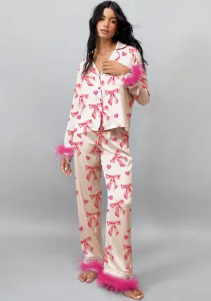 Chic Feather-Trimmed Bow Print Pajama Set for Luxe Lounging