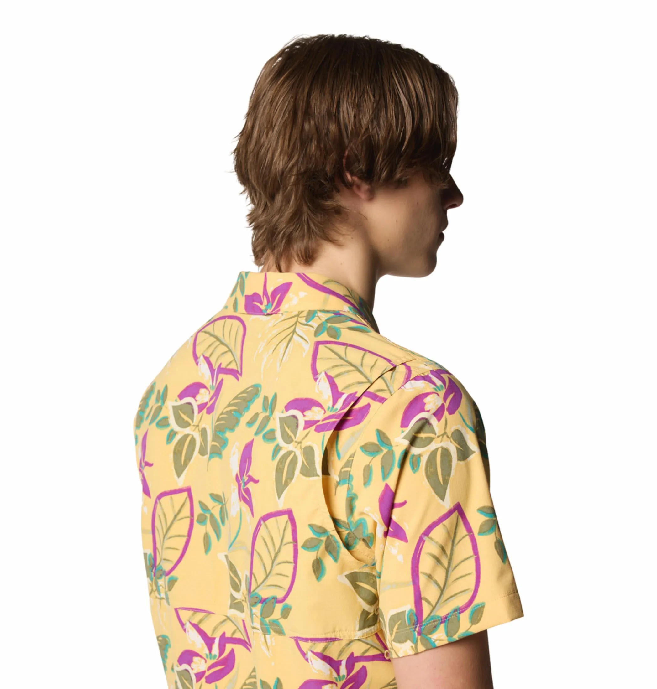Columbia Mens Yellow Omni-Shade Broad Spectrum Tech Trail Utility Printed Woven Short Sleeve Shirt