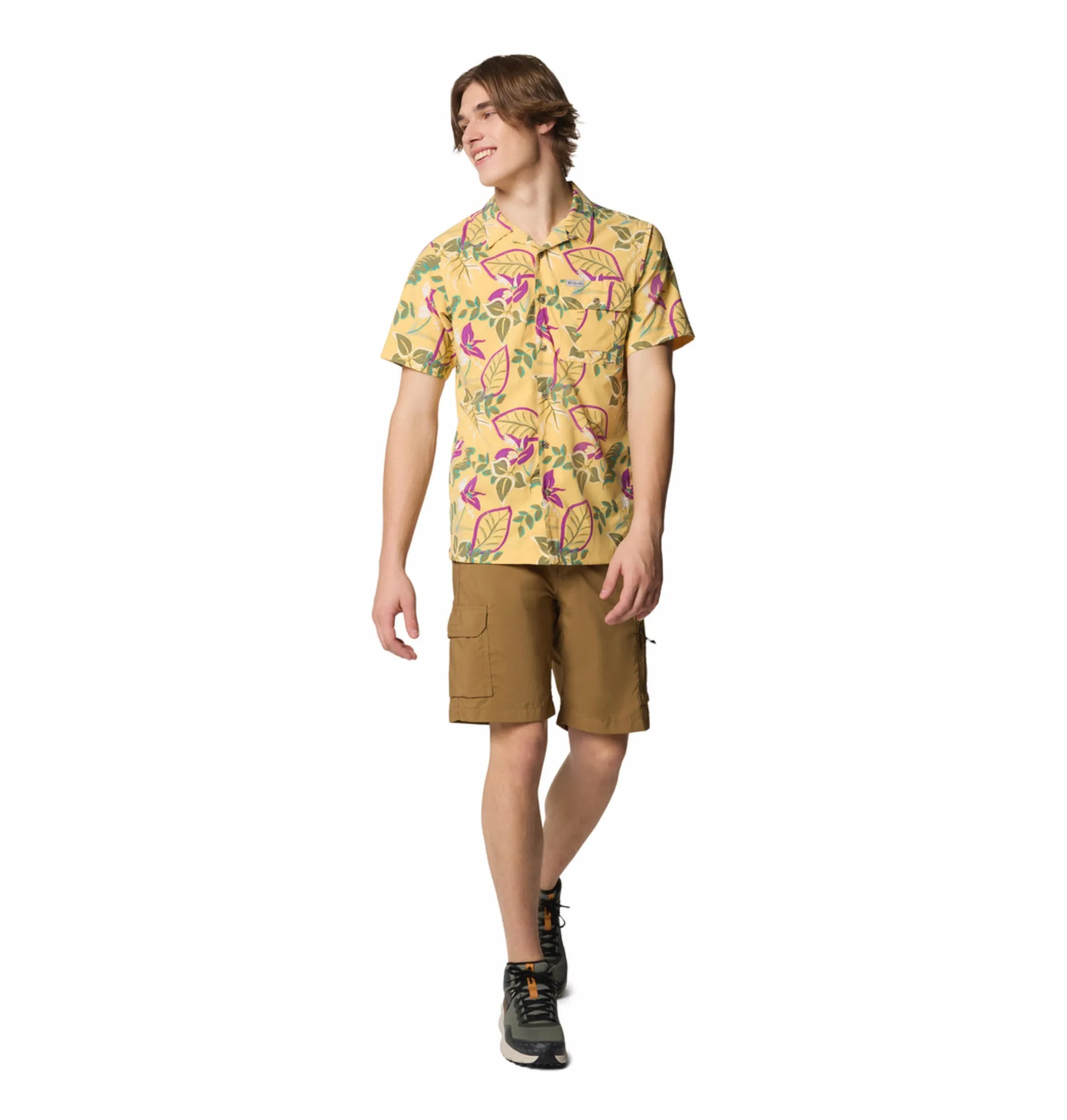 Columbia Mens Yellow Omni-Shade Broad Spectrum Tech Trail Utility Printed Woven Short Sleeve Shirt