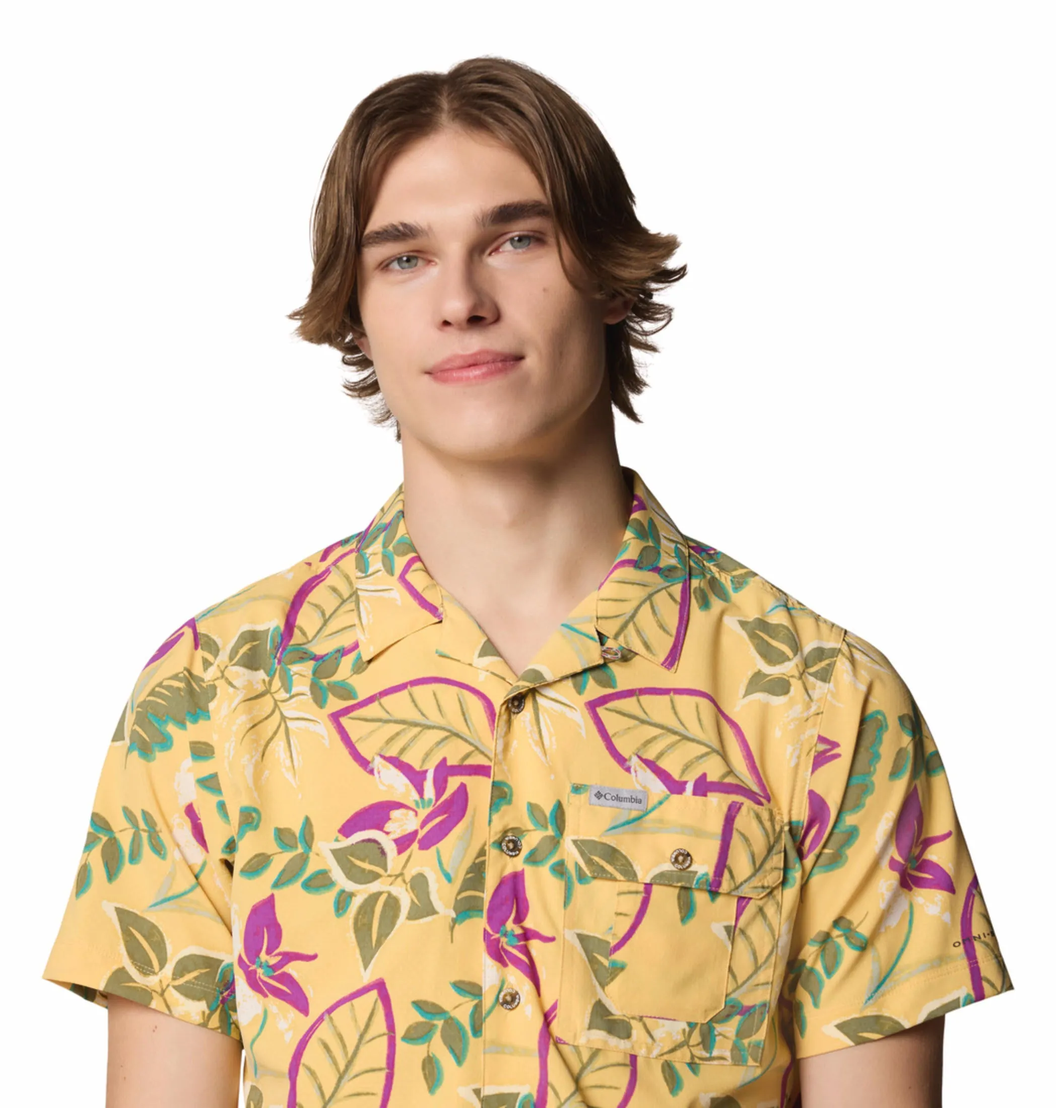 Columbia Mens Yellow Omni-Shade Broad Spectrum Tech Trail Utility Printed Woven Short Sleeve Shirt
