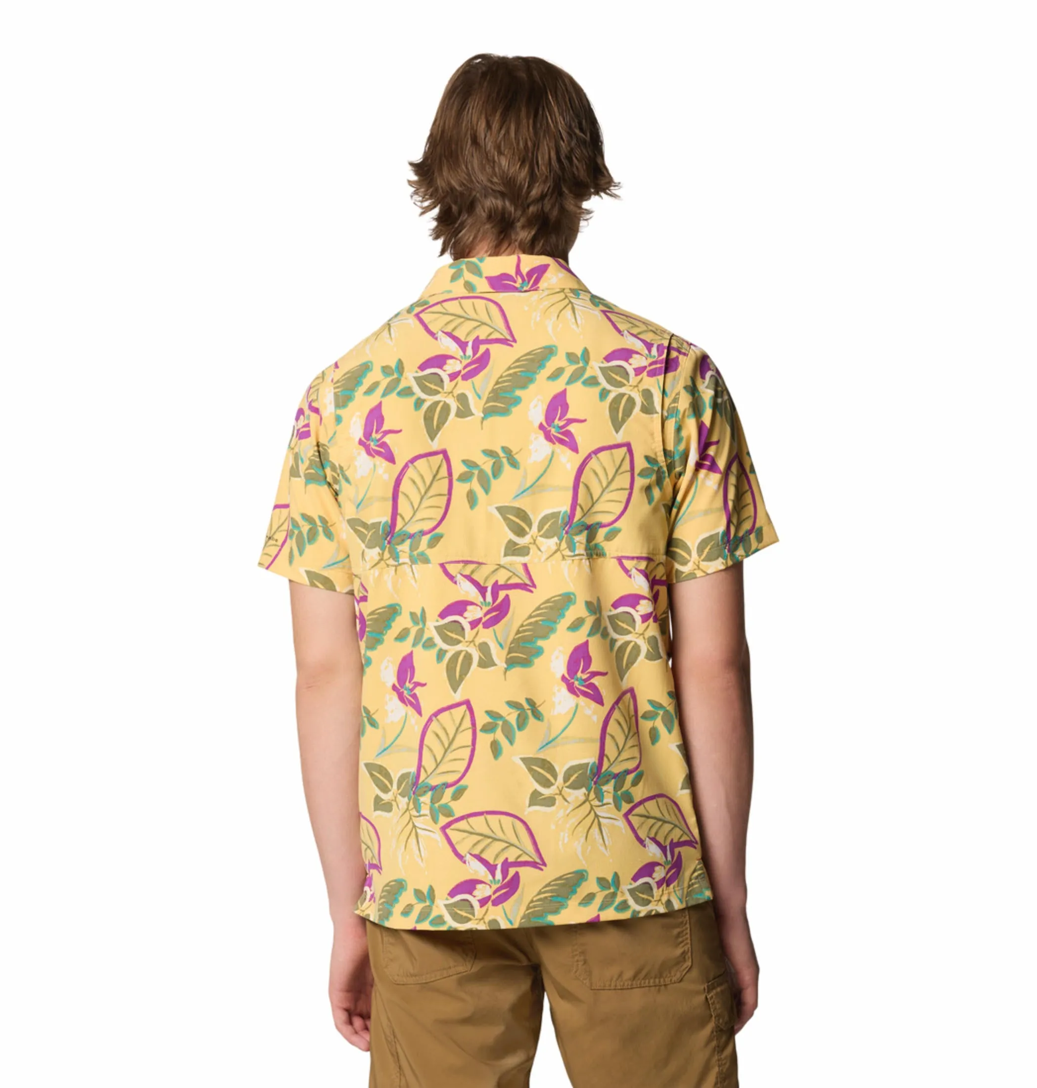 Columbia Mens Yellow Omni-Shade Broad Spectrum Tech Trail Utility Printed Woven Short Sleeve Shirt