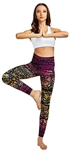 COOLOMG Women's Leggings Yoga Long Pants Compression Drawstring Running Tights Non See-Through Orange Forest Adults Small(Youth X-Large)