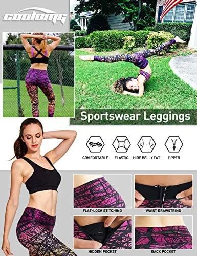 COOLOMG Women's Leggings Yoga Long Pants Compression Drawstring Running Tights Non See-Through Orange Forest Adults Small(Youth X-Large)