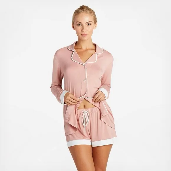 Cosabella Bella Long Sleeve Top &amp; Boxer Pajama Set in Mandorla/Moon Ivory small