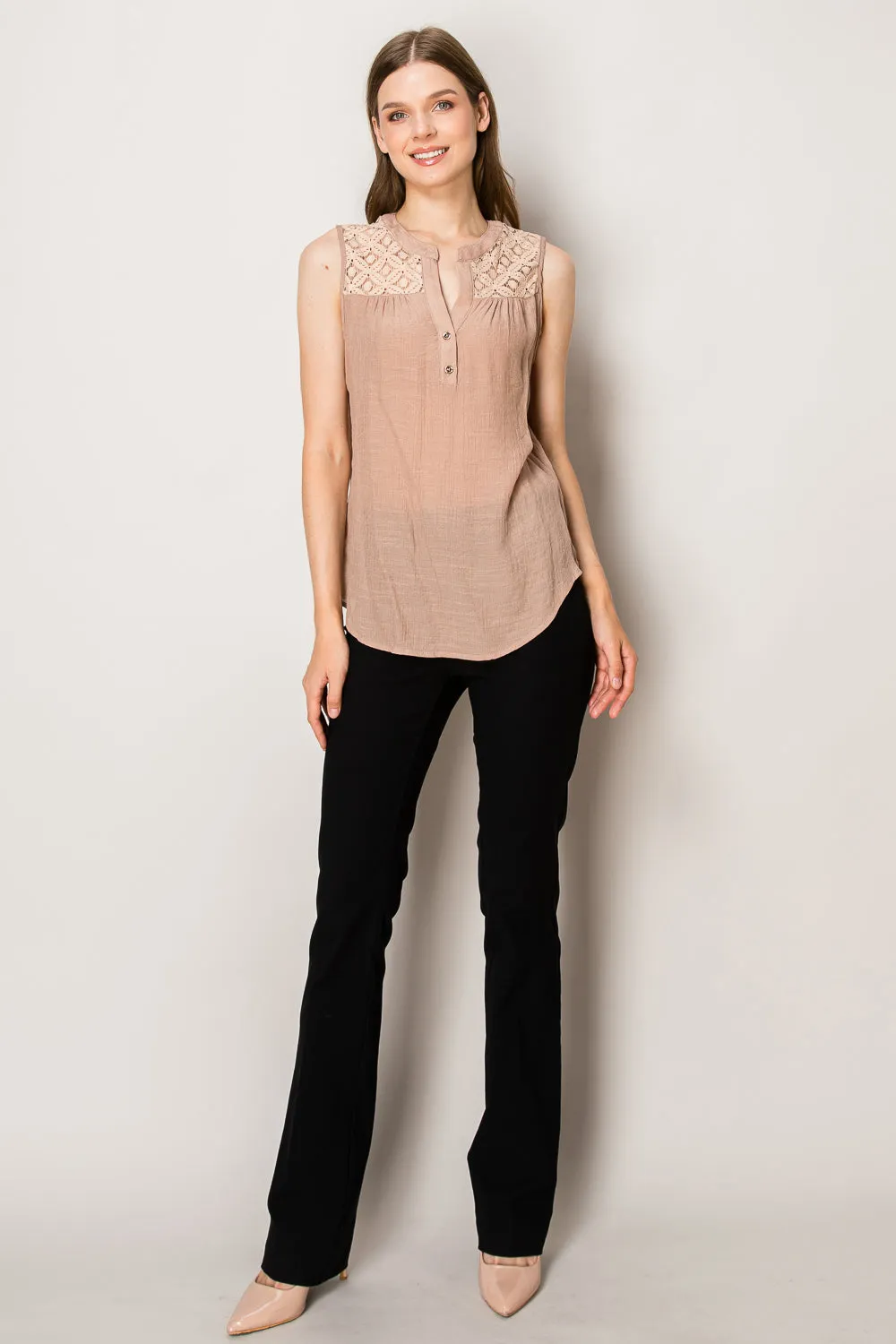COTTON EYELET YOKE SLEEVELESS CASUAL WOVEN SHIRT