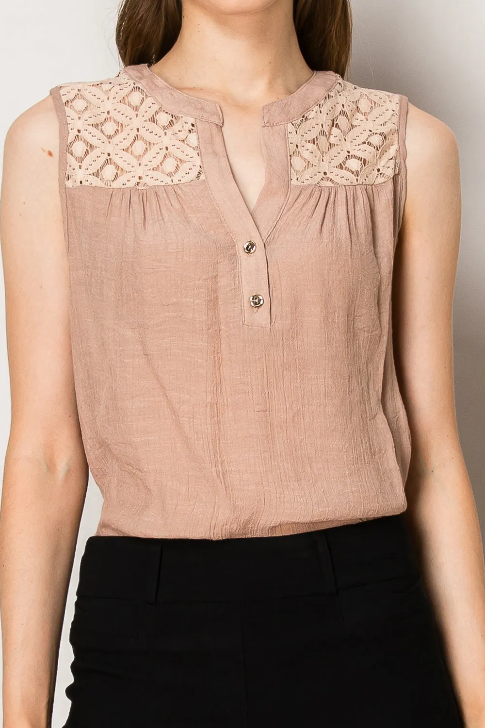 COTTON EYELET YOKE SLEEVELESS CASUAL WOVEN SHIRT