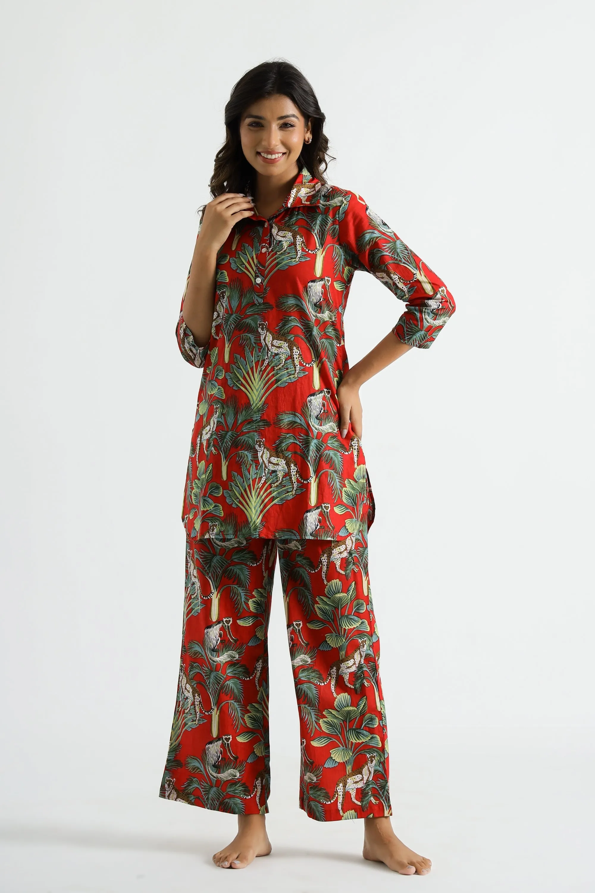 Dark Red Jungle Collared Cotton Lounge Co-Ord Set with 3 button