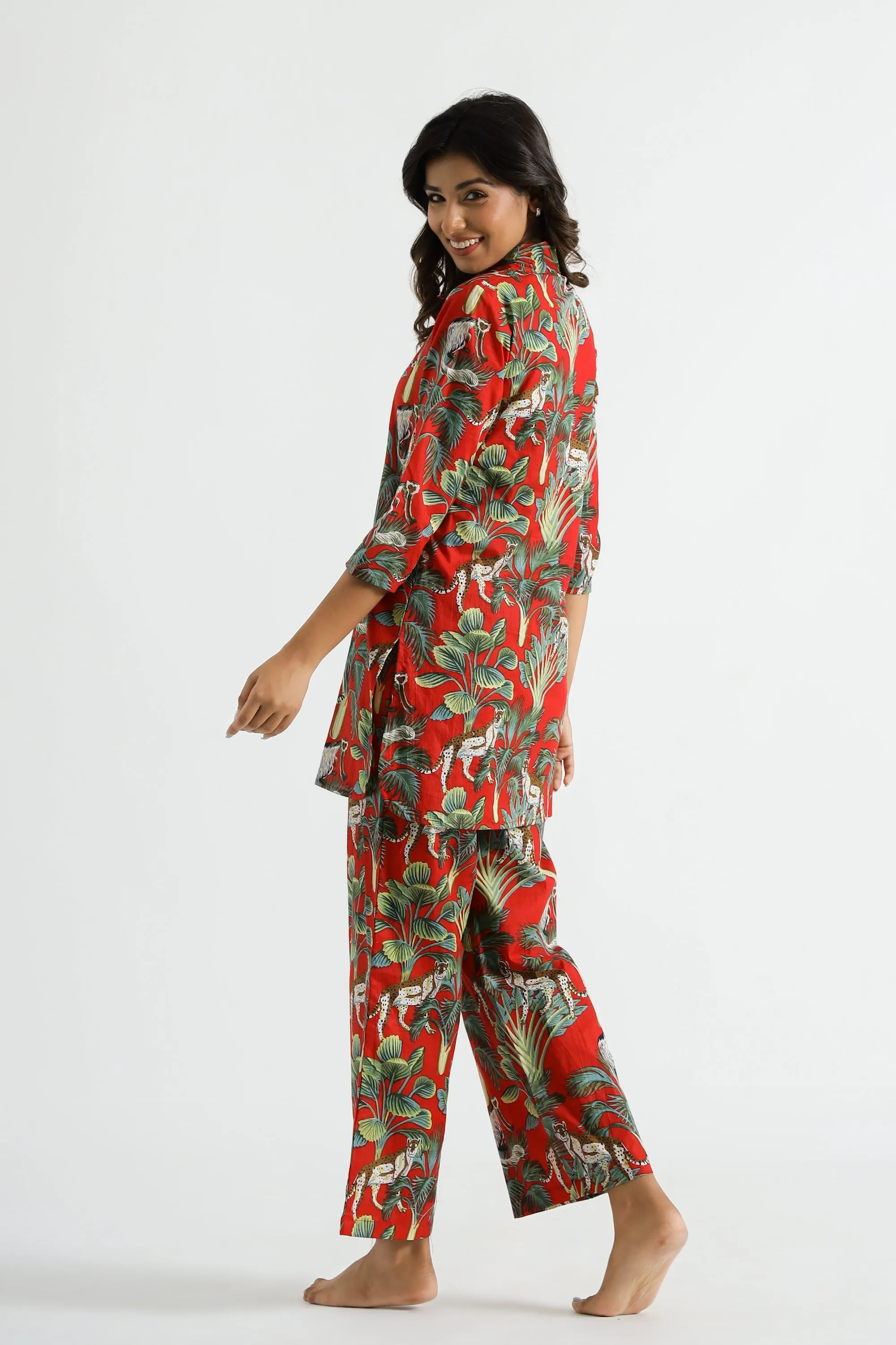 Dark Red Jungle Collared Cotton Lounge Co-Ord Set with 3 button