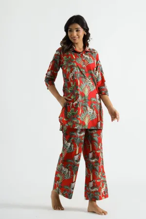 Dark Red Jungle Collared Cotton Lounge Co-Ord Set with 3 button