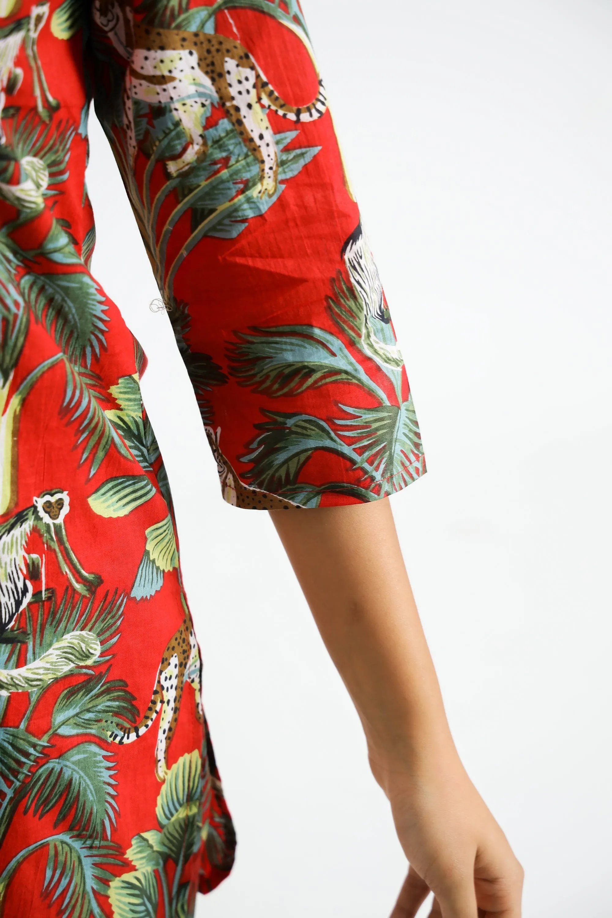 Dark Red Jungle Collared Cotton Lounge Co-Ord Set with 3 button