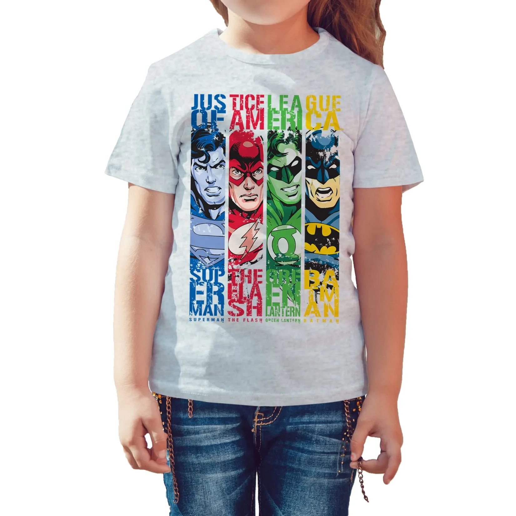 DC Comics Justice League Stripped Official Kid's T-shirt (Sports Grey)