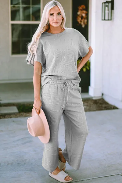 Double Take Full Size Texture Short Sleeve Top and Pants Lounge Set (4 Colors)