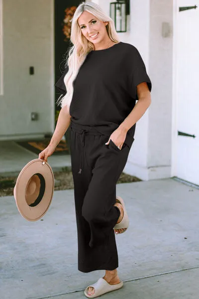 Double Take Full Size Texture Short Sleeve Top and Pants Lounge Set (4 Colors)