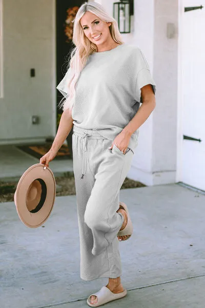 Double Take Full Size Texture Short Sleeve Top and Pants Lounge Set (4 Colors)