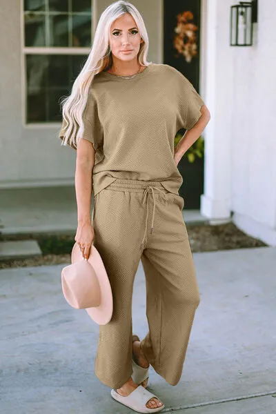 Double Take Full Size Texture Short Sleeve Top and Pants Lounge Set (4 Colors)