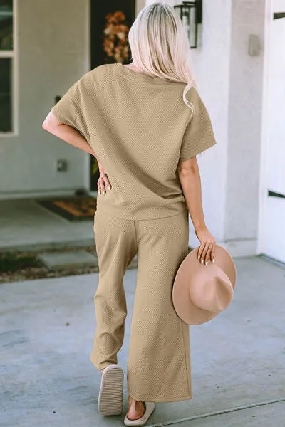 Double Take Full Size Texture Short Sleeve Top and Pants Lounge Set (4 Colors)