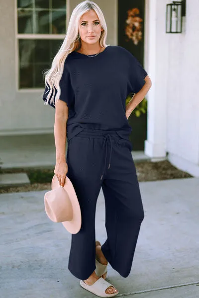 Double Take Full Size Texture Short Sleeve Top and Pants Lounge Set (4 Colors)