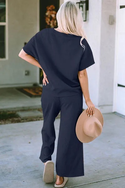 Double Take Full Size Texture Short Sleeve Top and Pants Lounge Set (4 Colors)