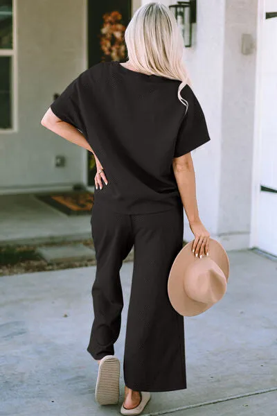 Double Take Full Size Texture Short Sleeve Top and Pants Lounge Set (4 Colors)