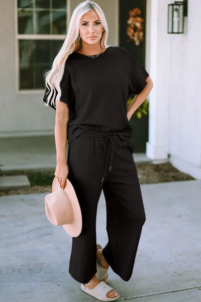 Double Take Full Size Texture Short Sleeve Top and Pants Lounge Set (4 Colors)
