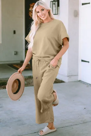 Double Take Full Size Texture Short Sleeve Top and Pants Lounge Set (4 Colors)