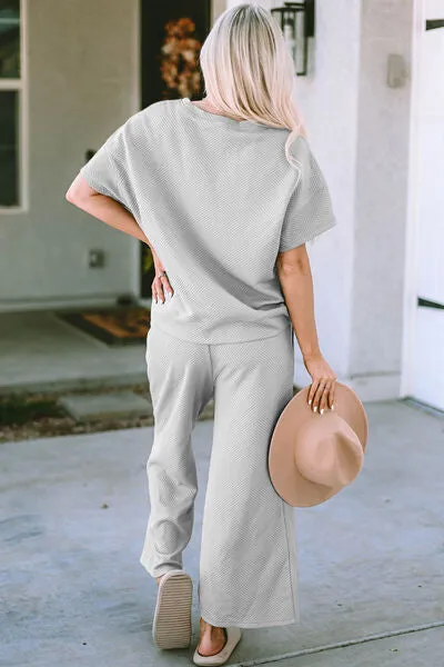 Double Take Full Size Texture Short Sleeve Top and Pants Lounge Set (4 Colors)