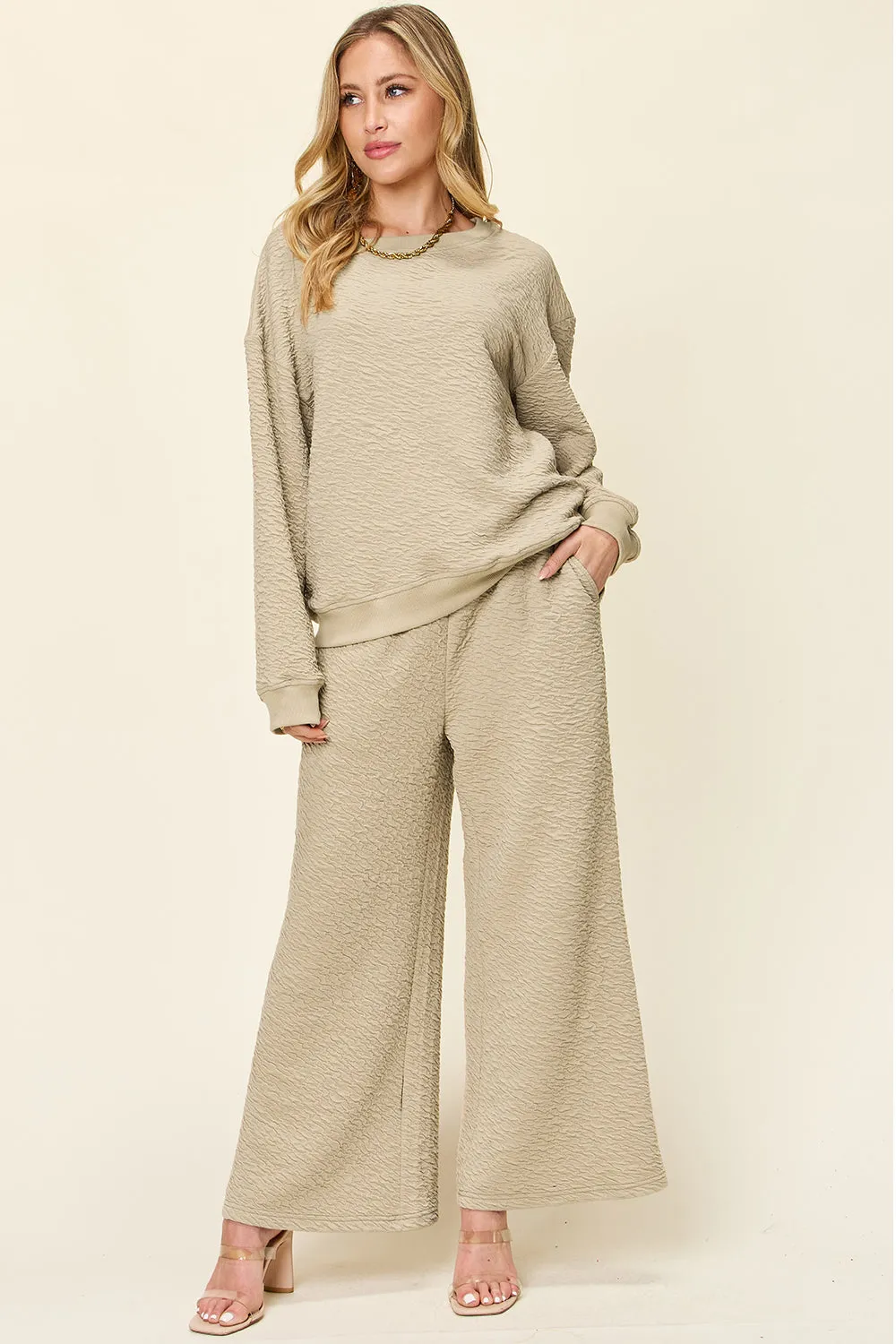 Edith Full Size Texture Long Sleeve Top and Pants Set