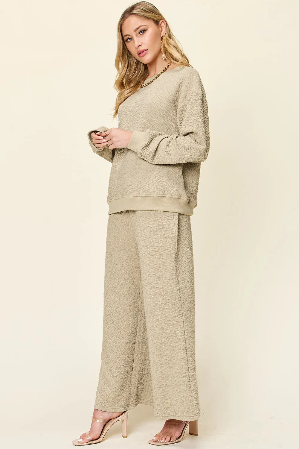 Edith Full Size Texture Long Sleeve Top and Pants Set