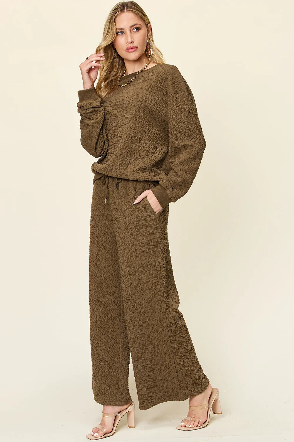 Edith Full Size Texture Long Sleeve Top and Pants Set