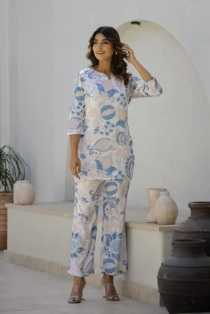Elegant Blue & White Floral Satin Pajama Set - Soft & Stylish Nightwear