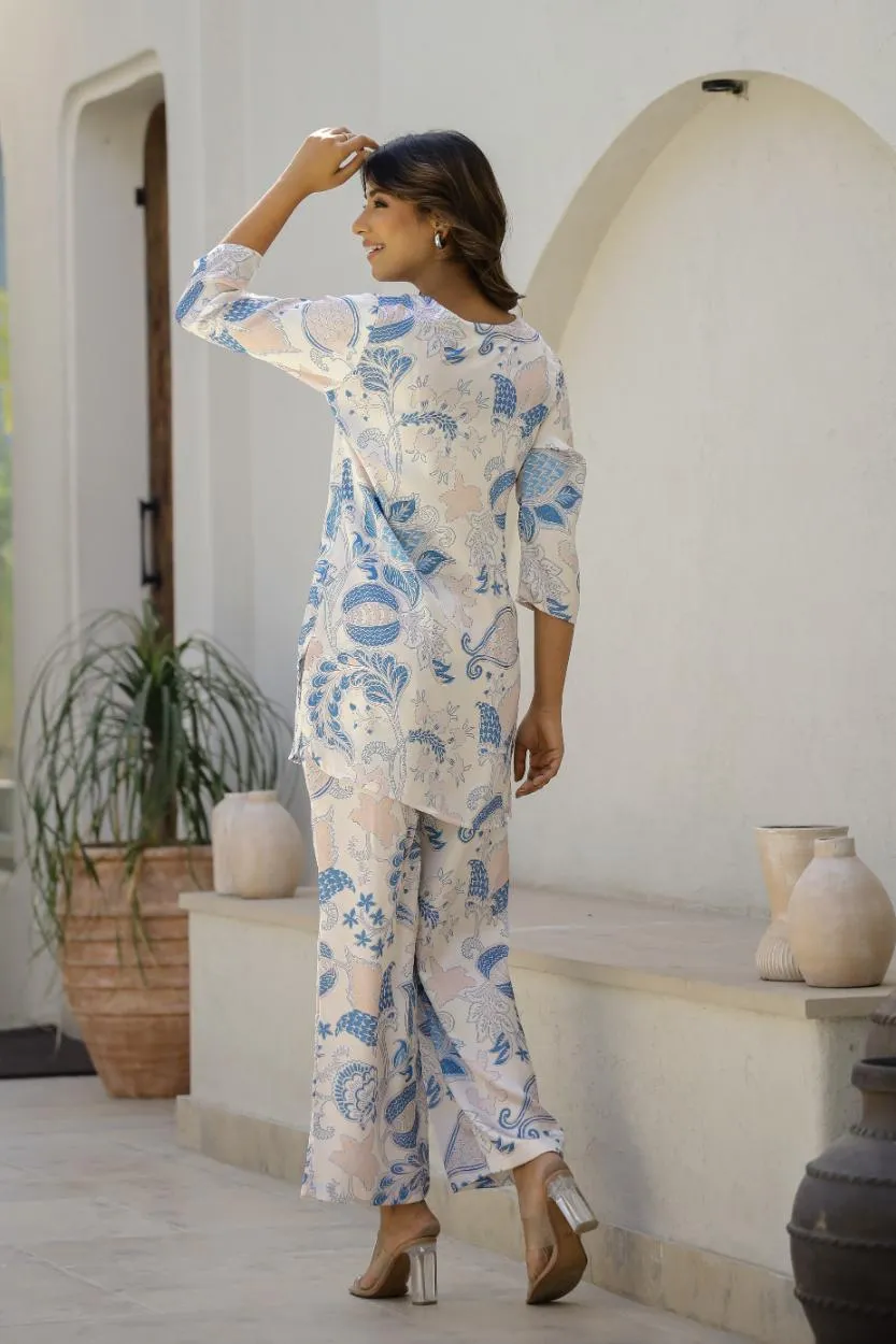 Elegant Blue & White Floral Satin Pajama Set - Soft & Stylish Nightwear